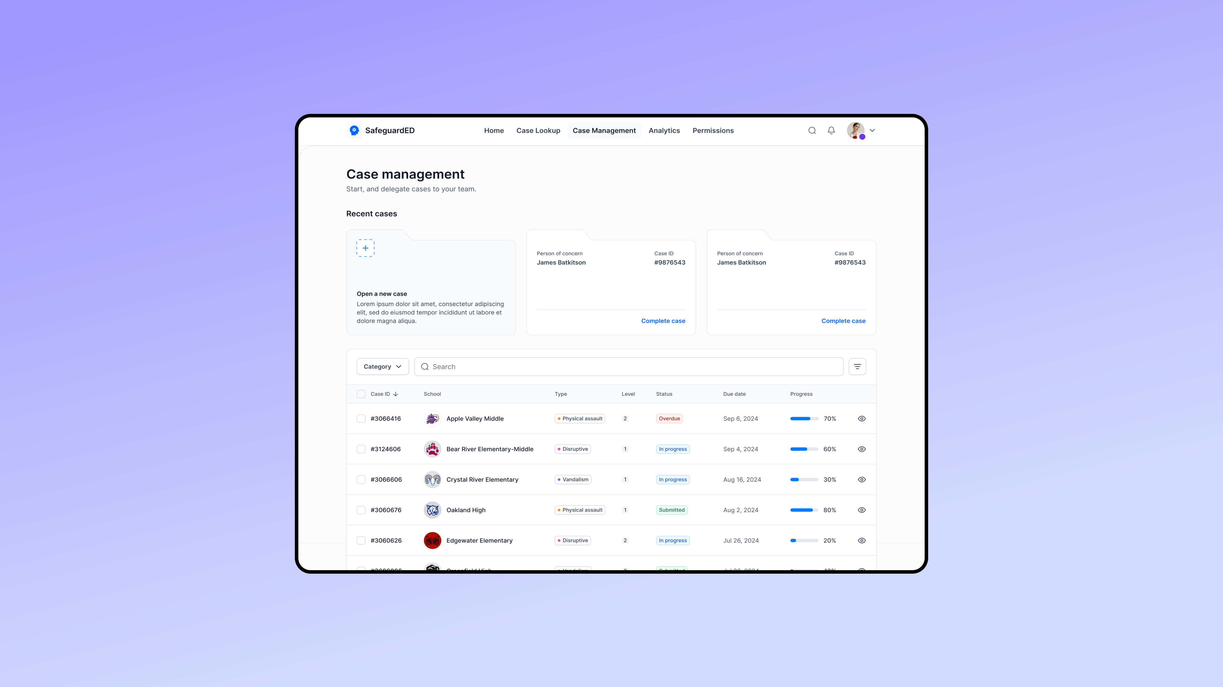 SafeguardED case management page